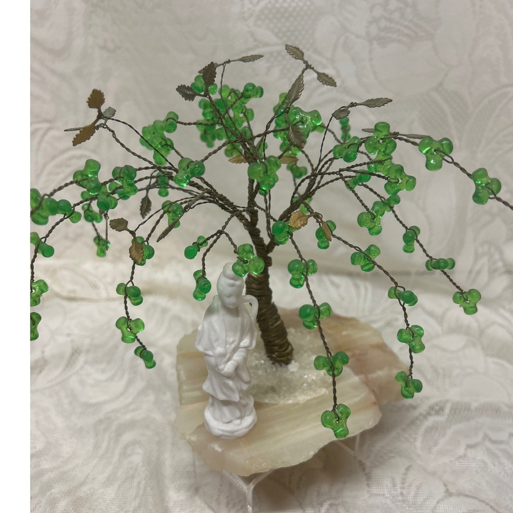 Vintage Beaded and Metal‎ Bonsai Tree Figurine with Geisha Statue on Quartz Base